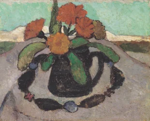 Still Life with Marigolds in Front of Landscape